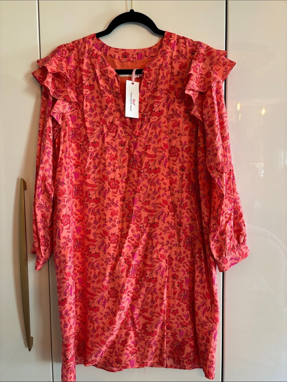 Vineyard Vines Coral Pink Floral Ruffle Sleeve Tunic